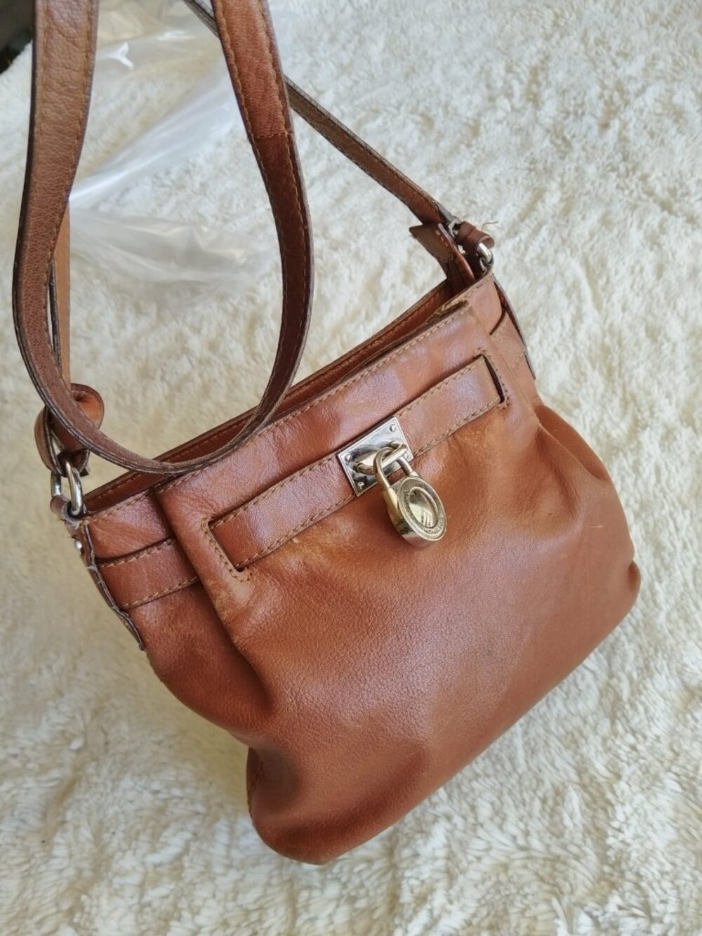 Vintage MICHAEL KORS Luggage Brown Leather Crossbody Bag Silver MK Lock